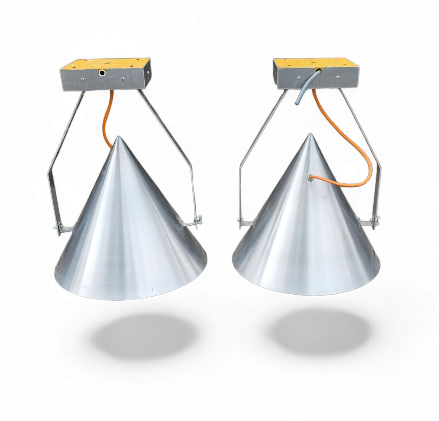 photo for sale A Pair Of Modern / Aluminum / Large / Conical / Industrial Style Lamps / Designed For Ceiling Or Wall