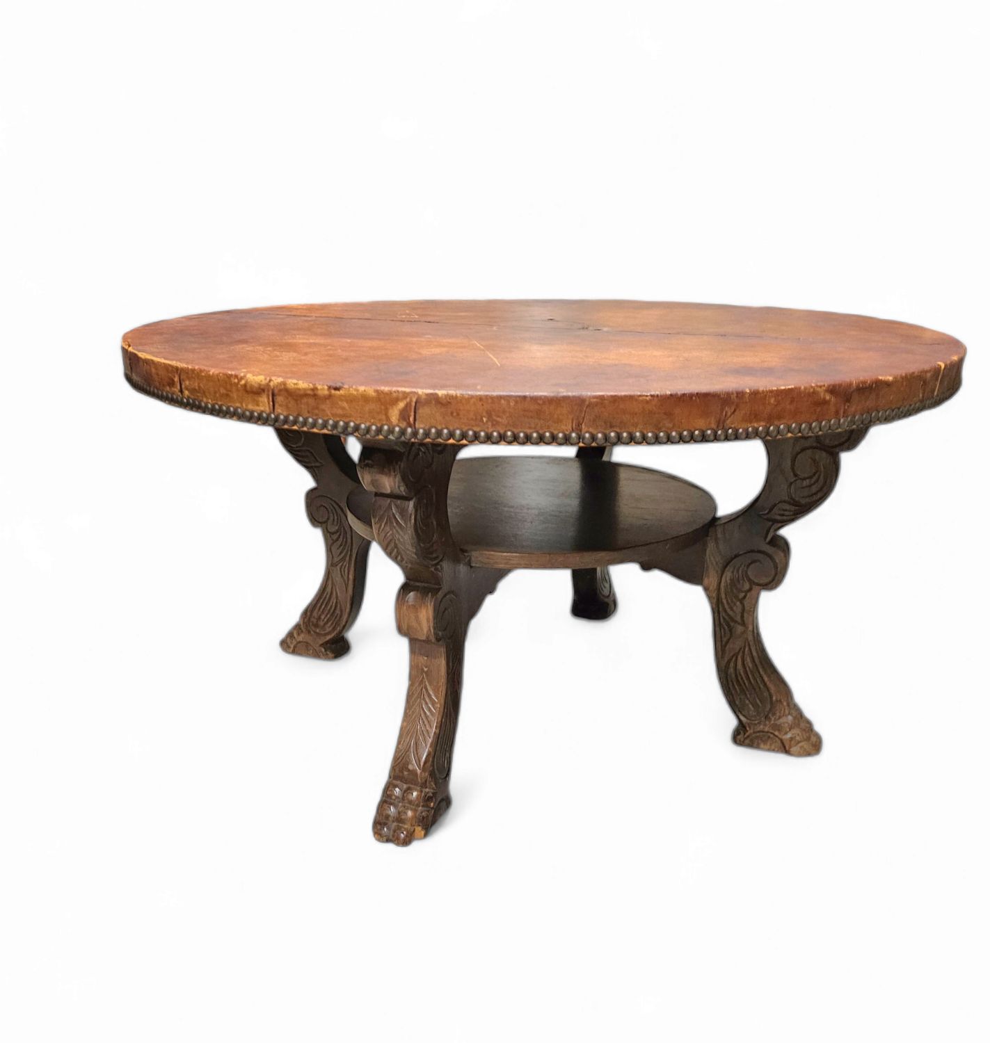 Mid Century Coffee Table / Well Crafted In Solid Wood And Cognac Leather Accept Skip To Content Grand Repos Open Menu Mid Century Coffee Table In Soli photo for sale