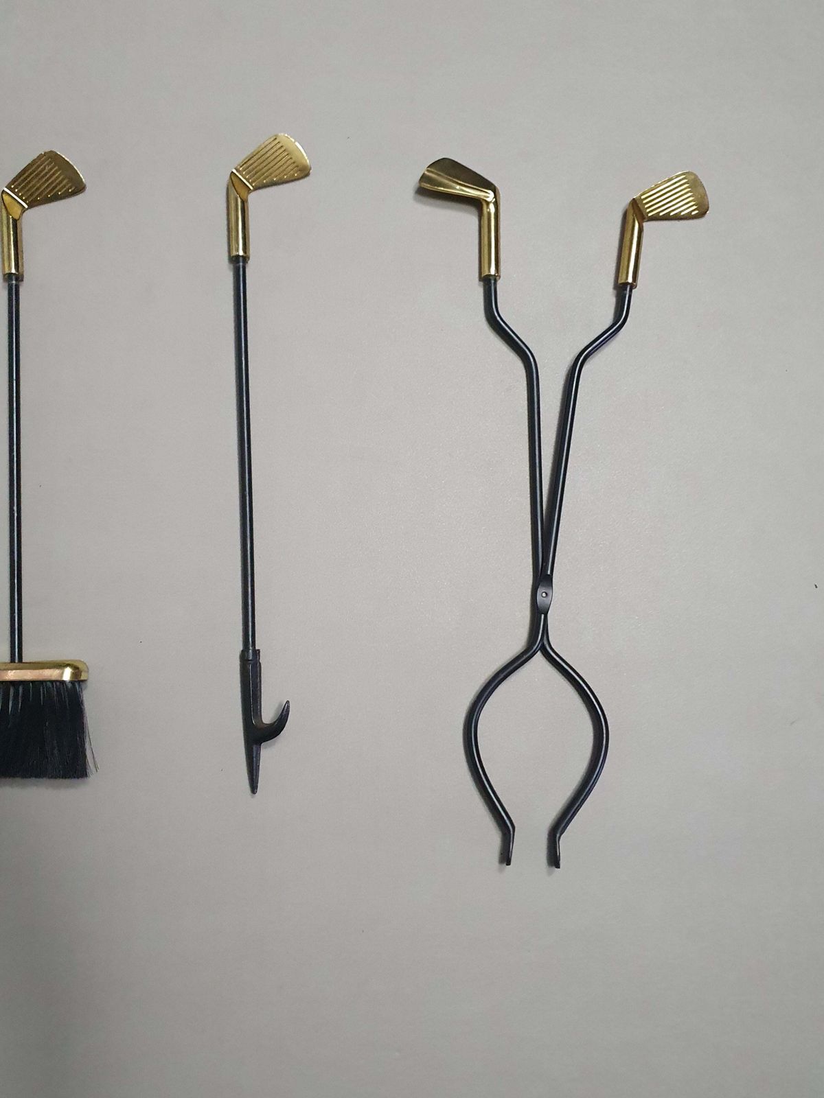 Vintage Set Of Five Brass Fireplace Tools In Golf Themed Clubs, France Circa 1950's photo vinterior