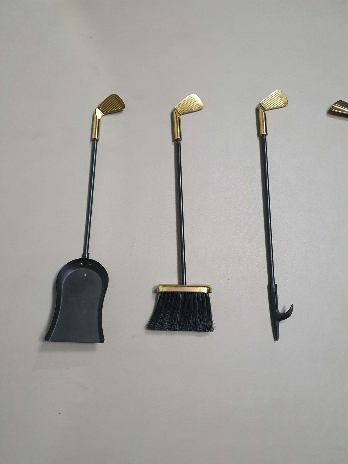 photo furniture Vintage Set Of Five Brass Fireplace Tools In Golf Themed Clubs, France Circa 1950's