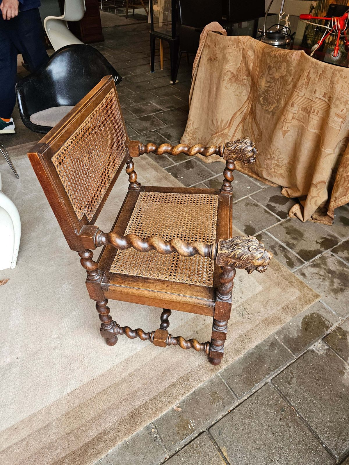 photo for sale 2 X Jacobean Lionel Head Armchairs Oak Wood / Webbing Early 20th Century