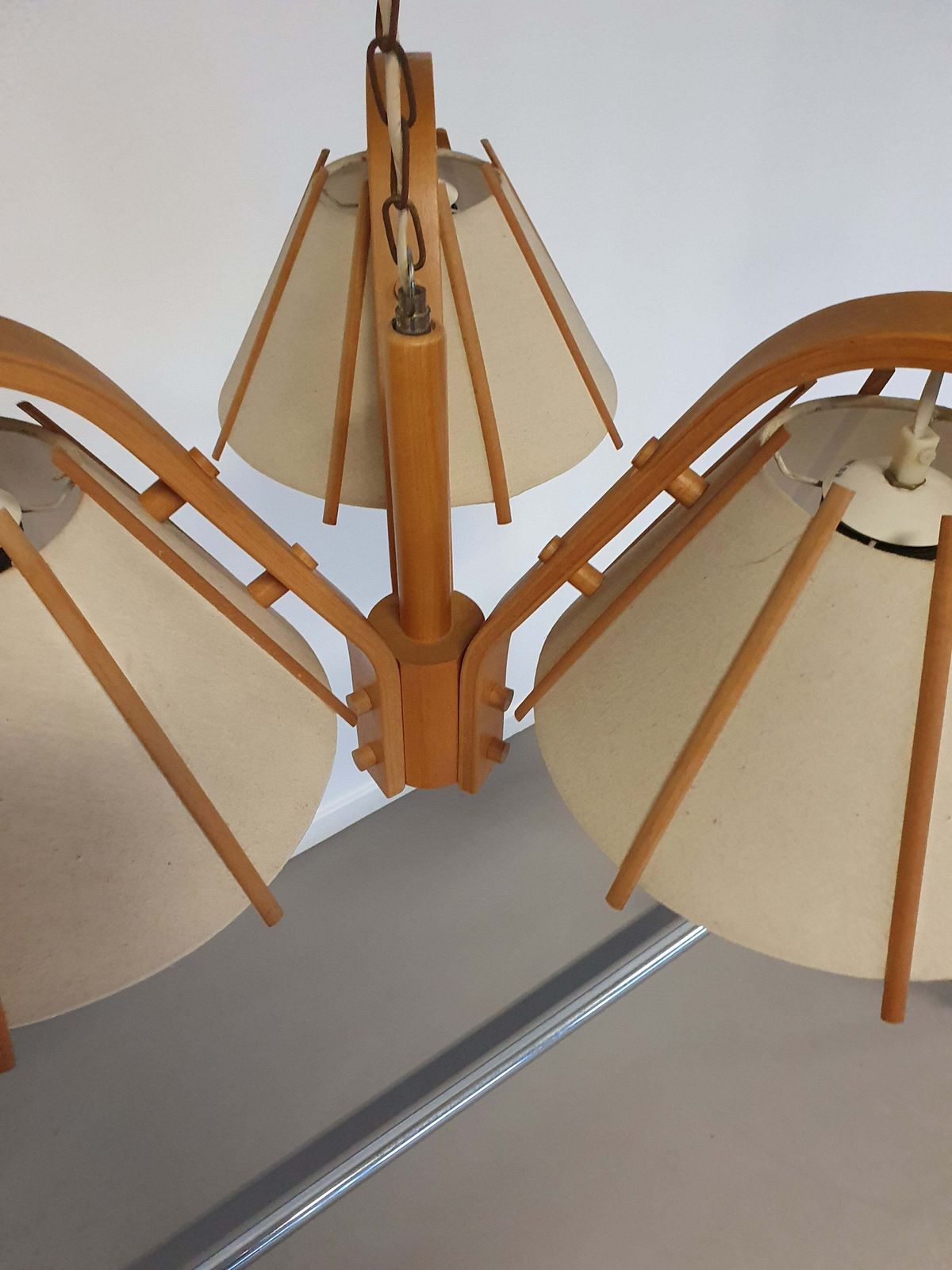 A Rare Bent Beech And Fabric Three Branch Ceiling Pendant Light By J Wickelgren And M Strandang For Aneta., Sweden. 1970s. Measure 67cm Width X 40cm H photo furniture