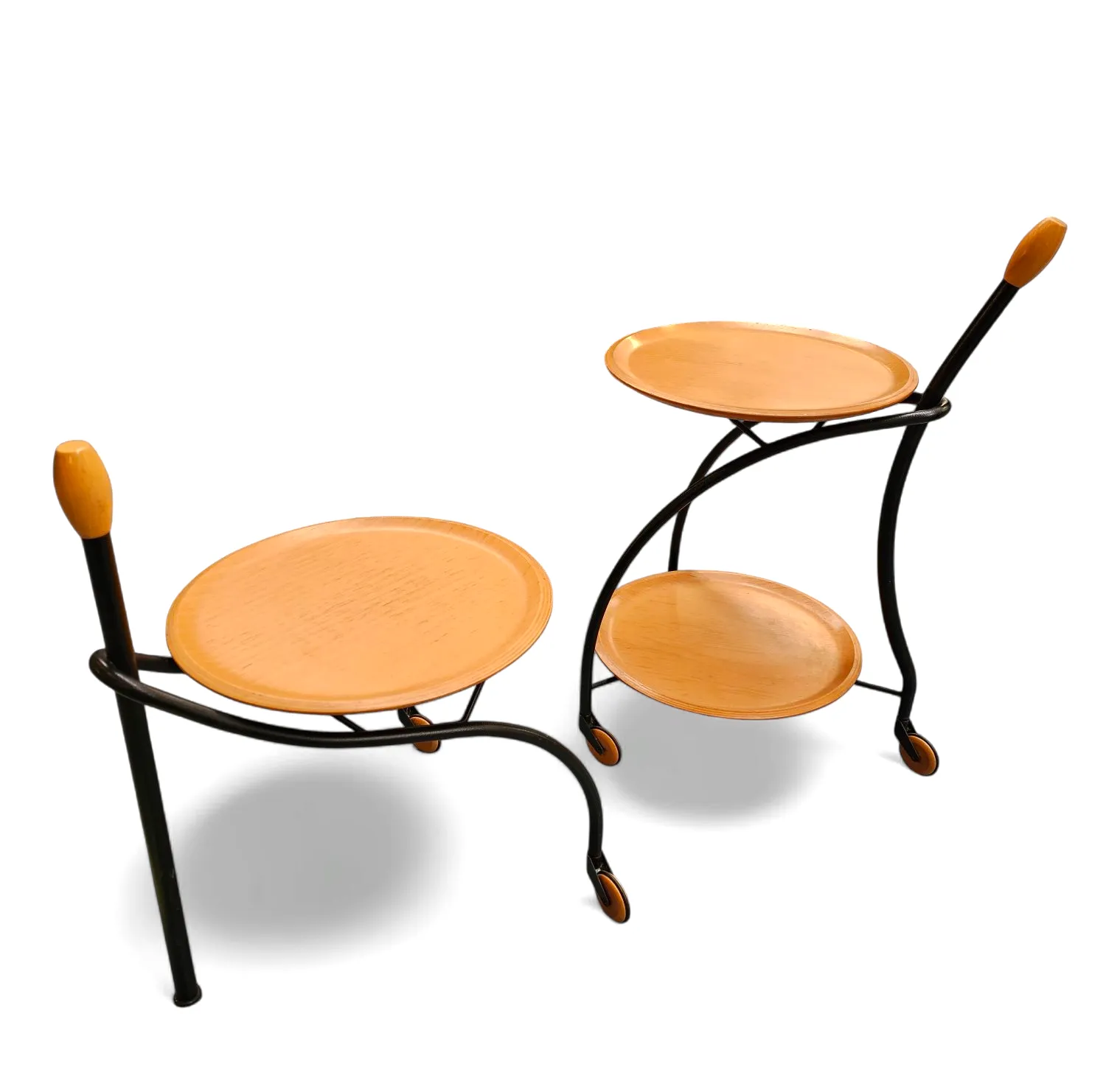 photo furniture Matching Set / 3 Wheel Design Serving Trolleys / Side Tables In Steel & Beech By Bonaldo Italy 1990s
