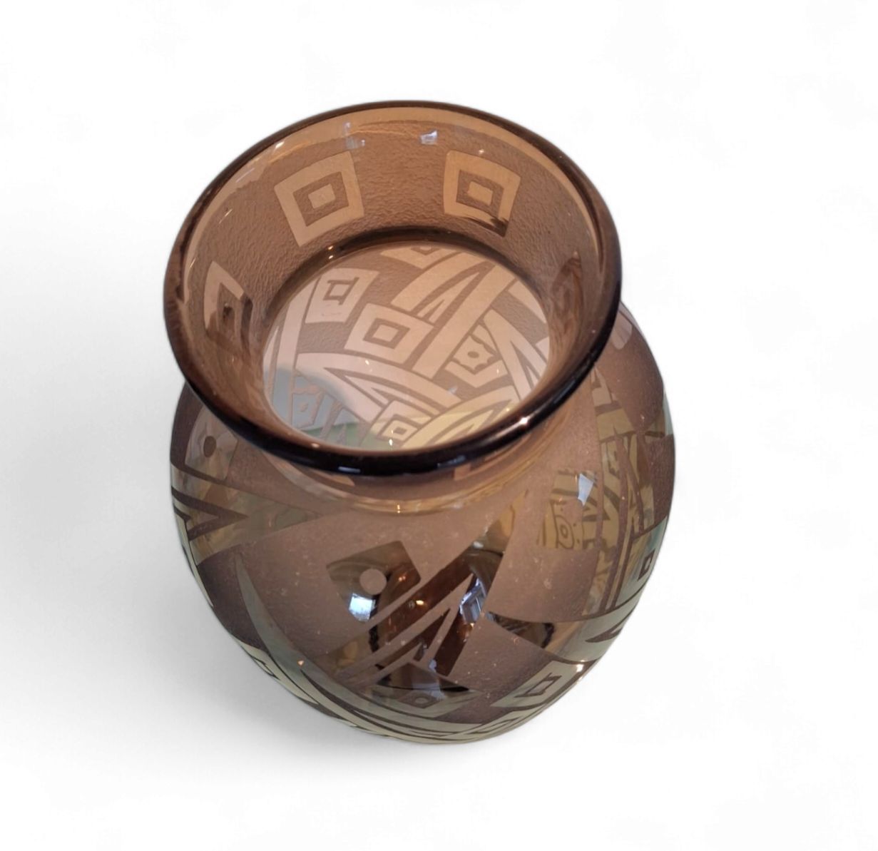 Art Deco Vase In Acid Etched Smoked Geometric Glass By Daum Nancy France photo for sale