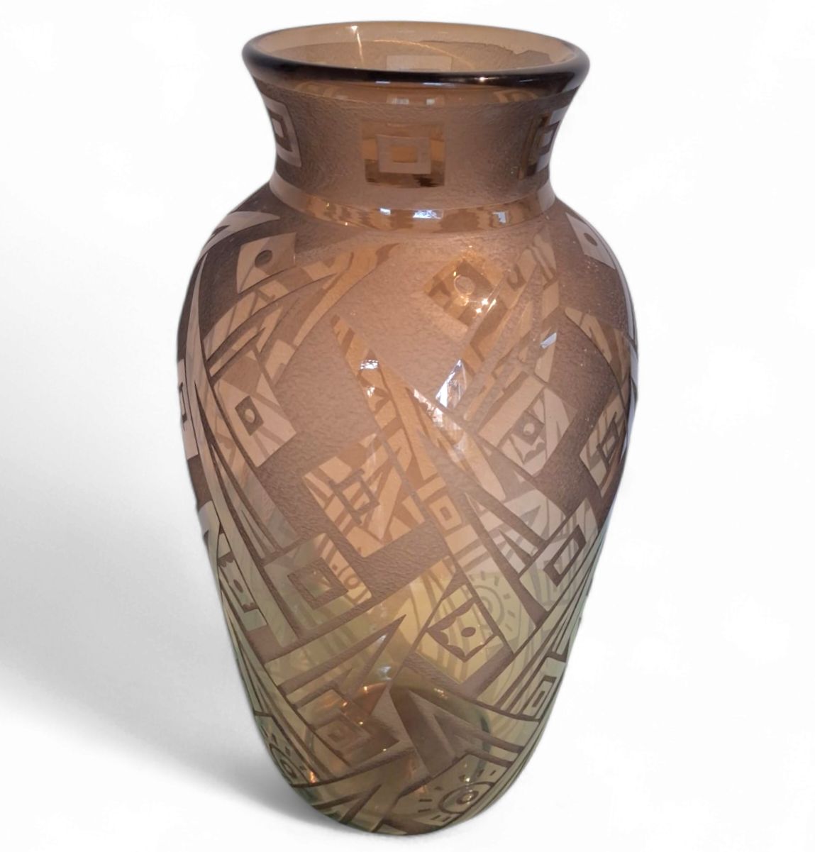 Art Deco Vase In Acid Etched Smoked Geometric Glass By Daum Nancy France photo 2109.0
