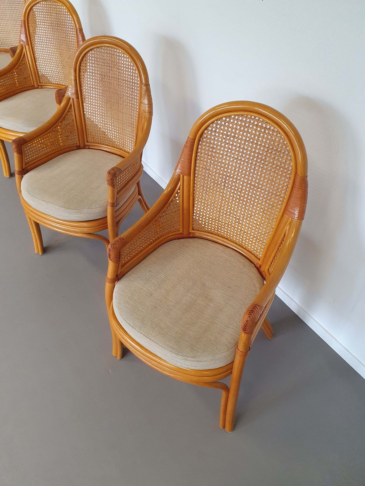 Furniture 4 X Rattan /Webbing Dining Chairs 80s In Beautiful Condition photo