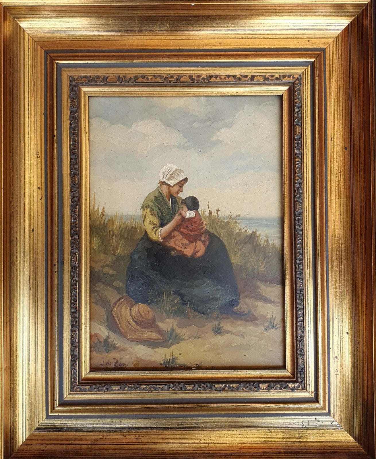 2 X Mother And Child In The Dunes, Signed / J. De Zon (Lower Left ) / Oil On Wood photo furniture