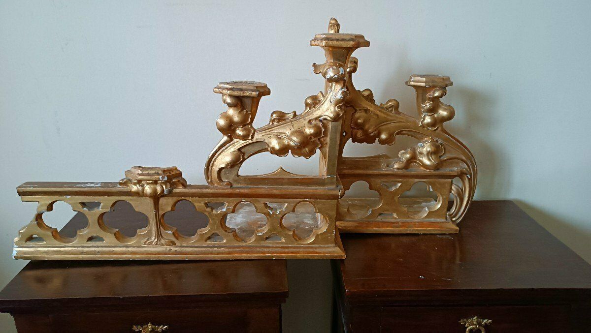 Triptych Neo Gothic Altar Gilded Wood Candlesticks photo Home Decor