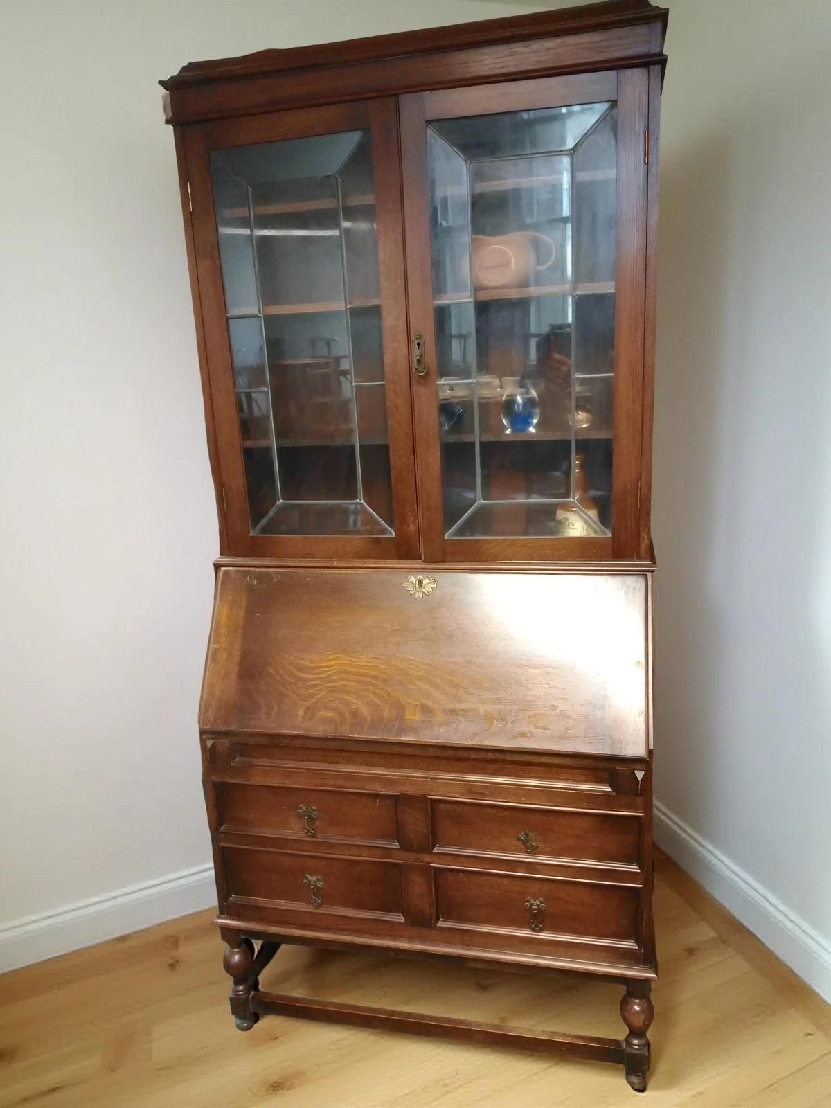 Oak Bureau Book Case With Leaded Glass Doors C.1930