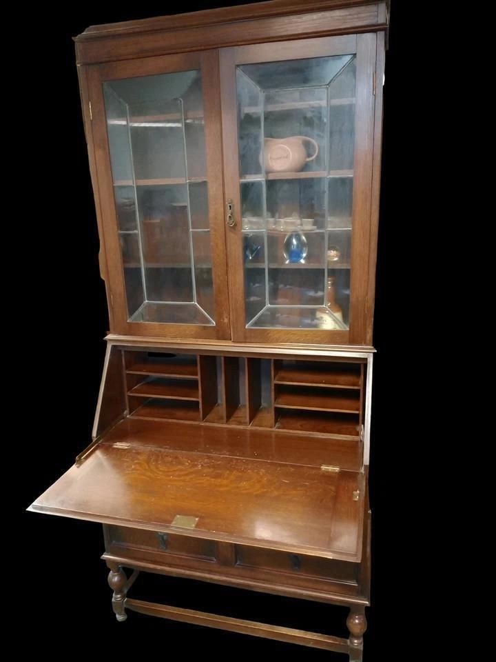 Oak Bureau Book Case With Leaded Glass Doors C.1930 photo furniture
