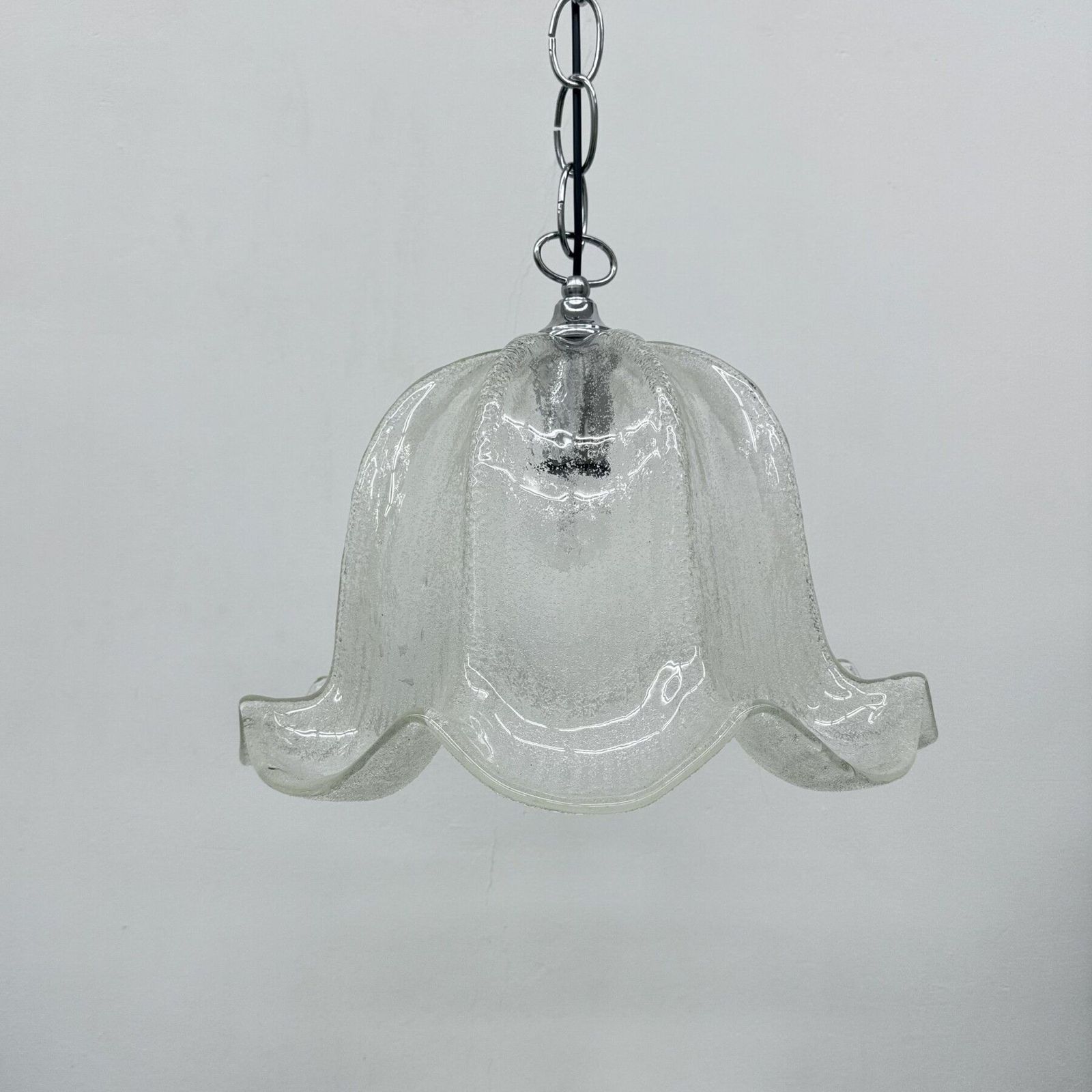 Mid Century Bell Shaped Ice Glass And Chrome Pendant Light, 1970s photo 401.0