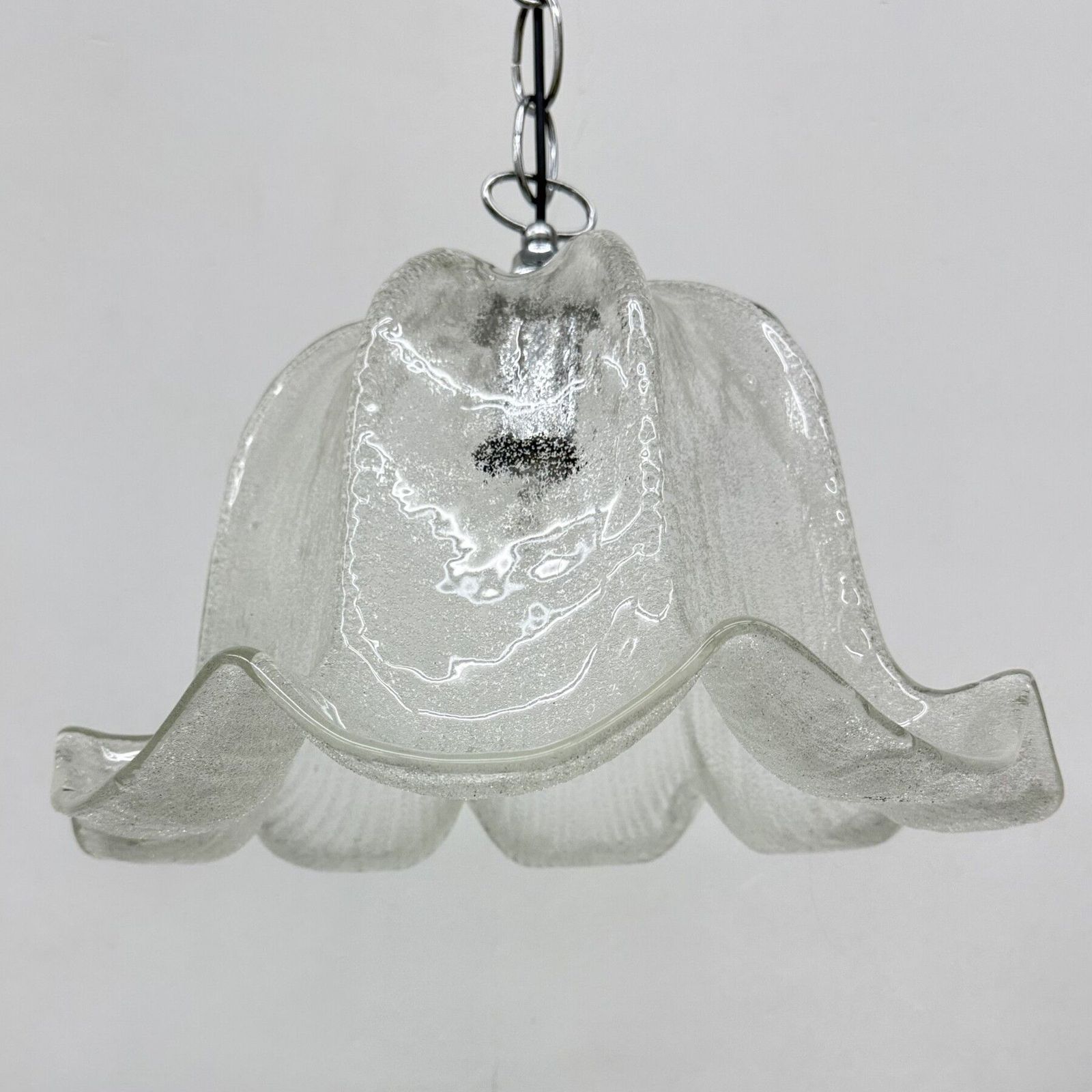 Mid Century Bell Shaped Ice Glass And Chrome Pendant Light, 1970s photo buy