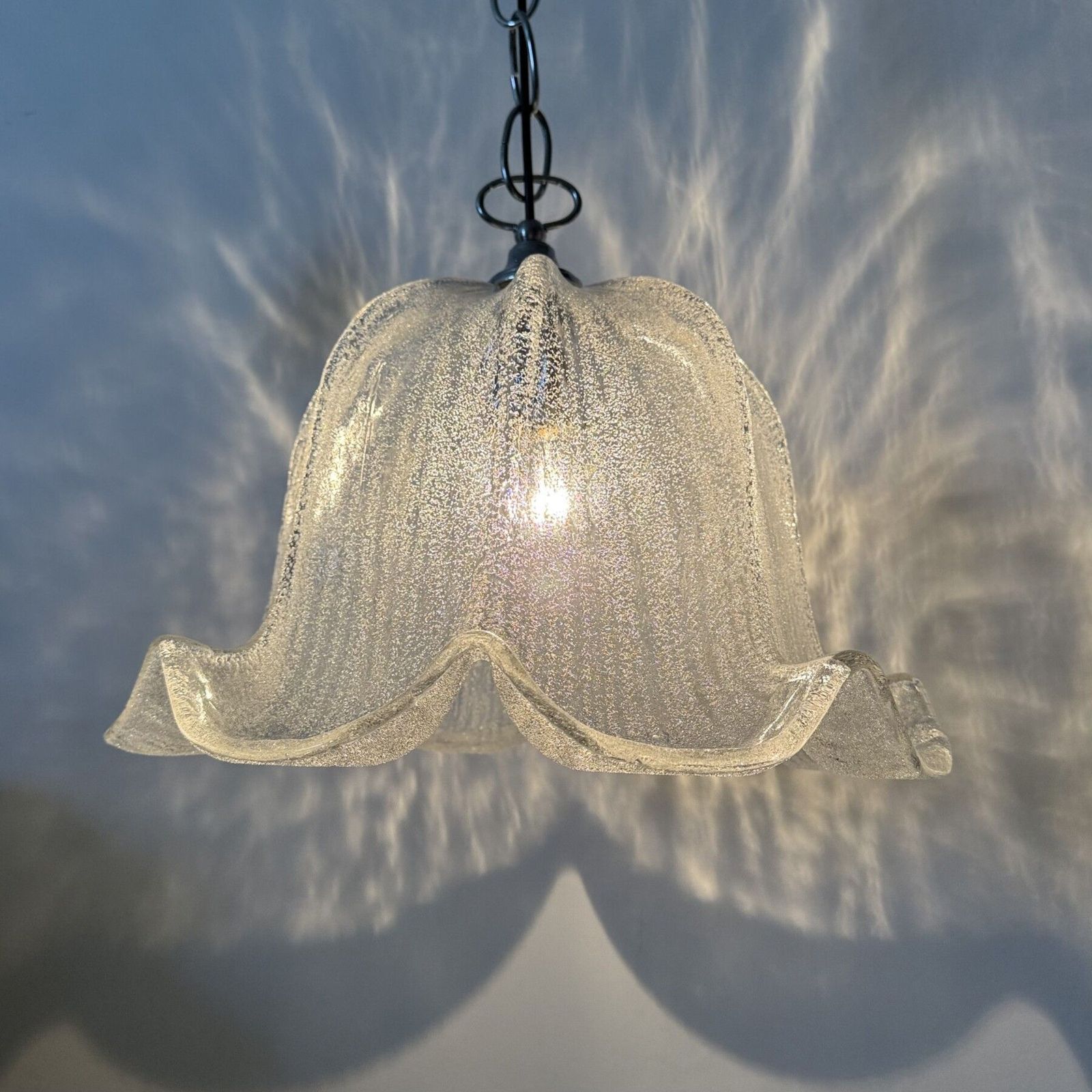 Lighting Mid Century Bell Shaped Ice Glass And Chrome Pendant Light, 1970s photo