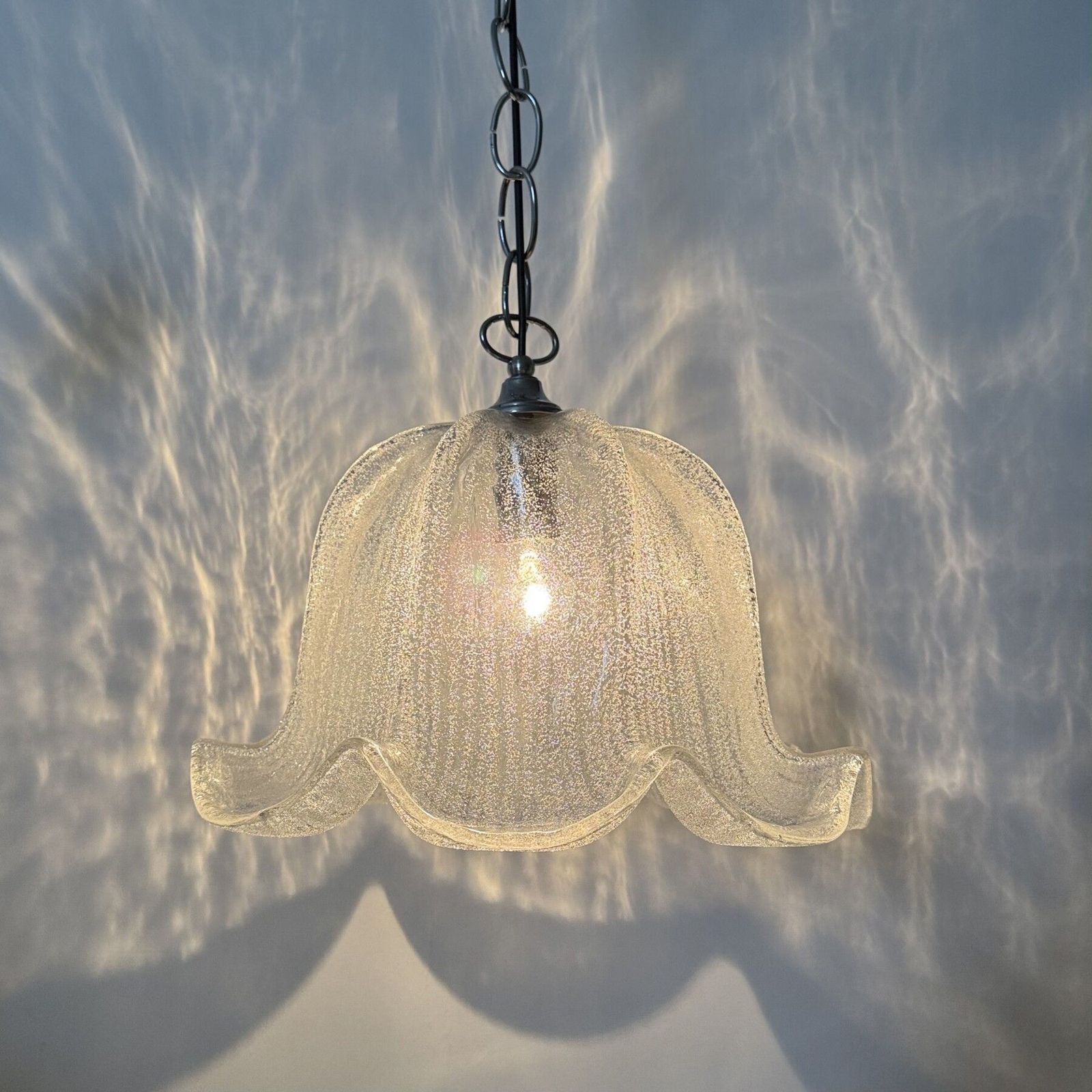 photo buy Mid Century Bell Shaped Ice Glass And Chrome Pendant Light, 1970s