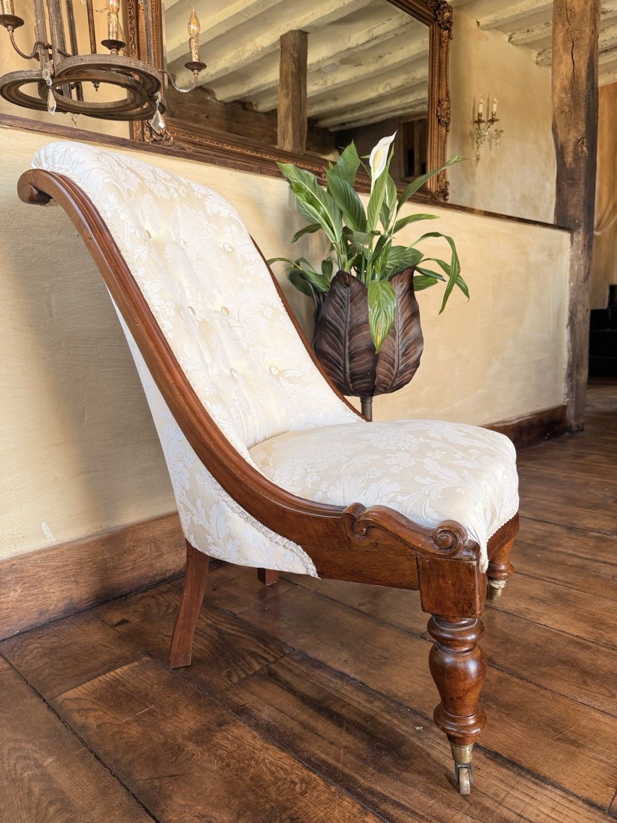 Original Antique Rosewood Nursing Ivory Damask Slipper Reading Chair photo vinterior