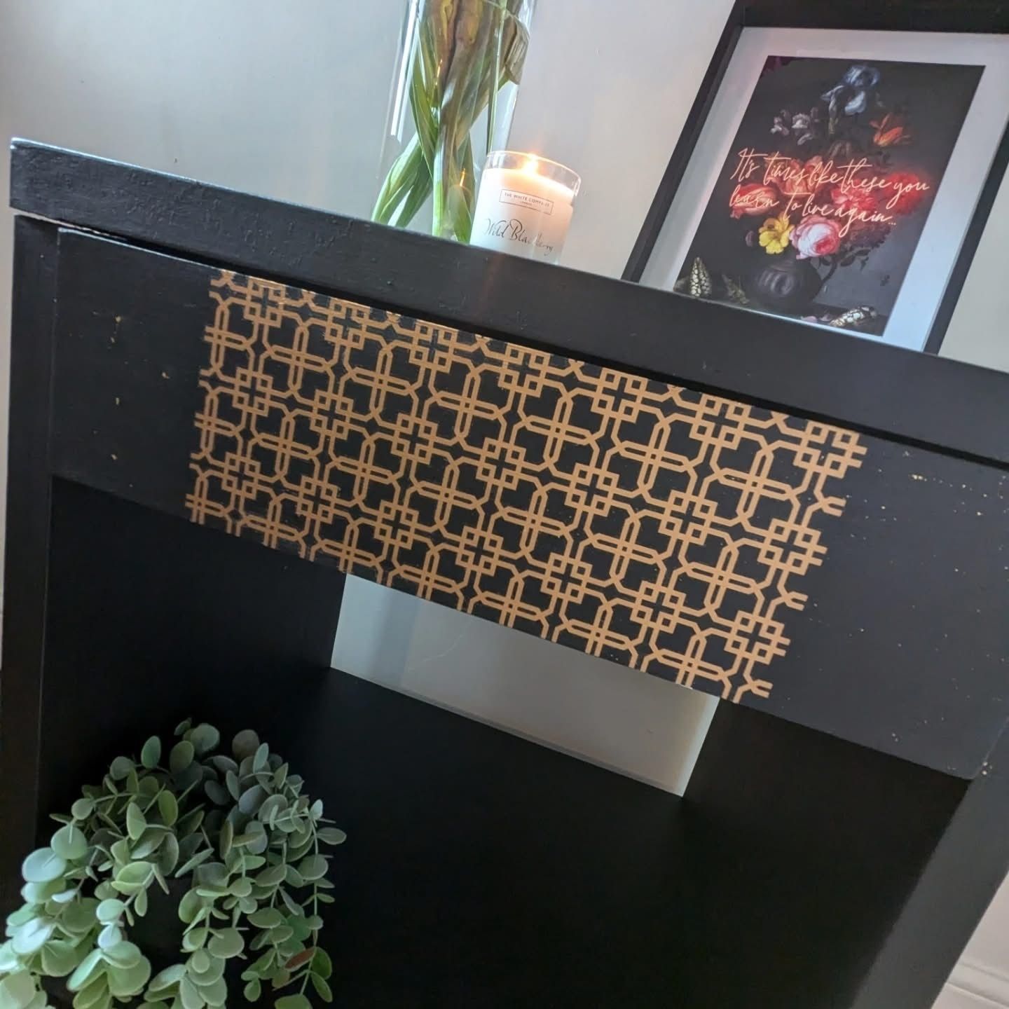 Upcycled Black Cabinet With Draw Gold Accents Koi Carp Lining photo 60.0