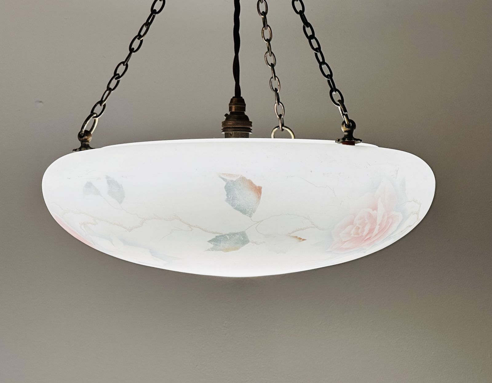 Art Deco Glass Plafonnier Ceiling Light With Hand Painted Pink Rose Design Restored And Rewired Ready To Be Placed C.1930. photo for sale