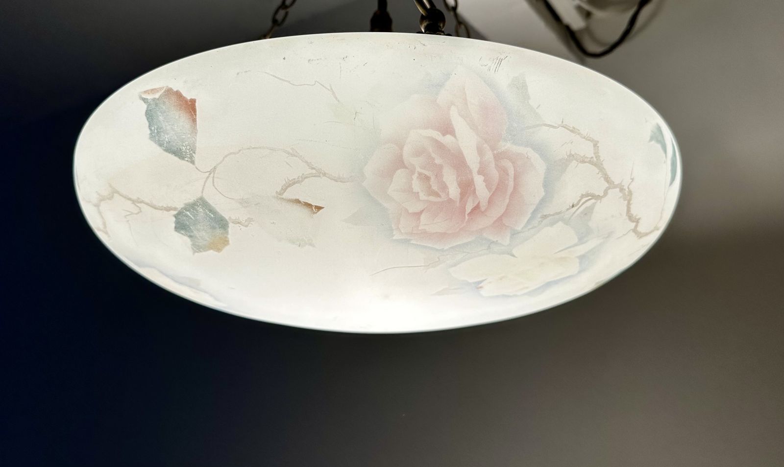photo for sale Art Deco Glass Plafonnier Ceiling Light With Hand Painted Pink Rose Design Restored And Rewired Ready To Be Placed C.1930.