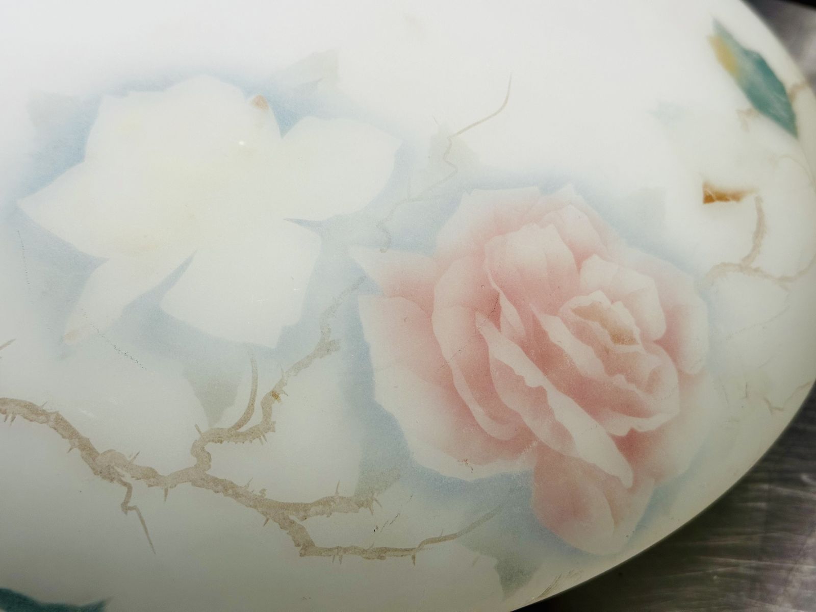 photo vinterior Art Deco Glass Plafonnier Ceiling Light With Hand Painted Pink Rose Design Restored And Rewired Ready To Be Placed C.1930.
