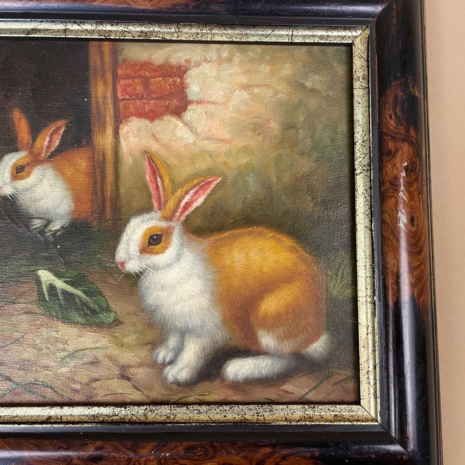 Antique Bunny Rabbit Oil Painting Picture Vintage Wooden Frame Realist By Artist Herring 19th Century photo vinterior