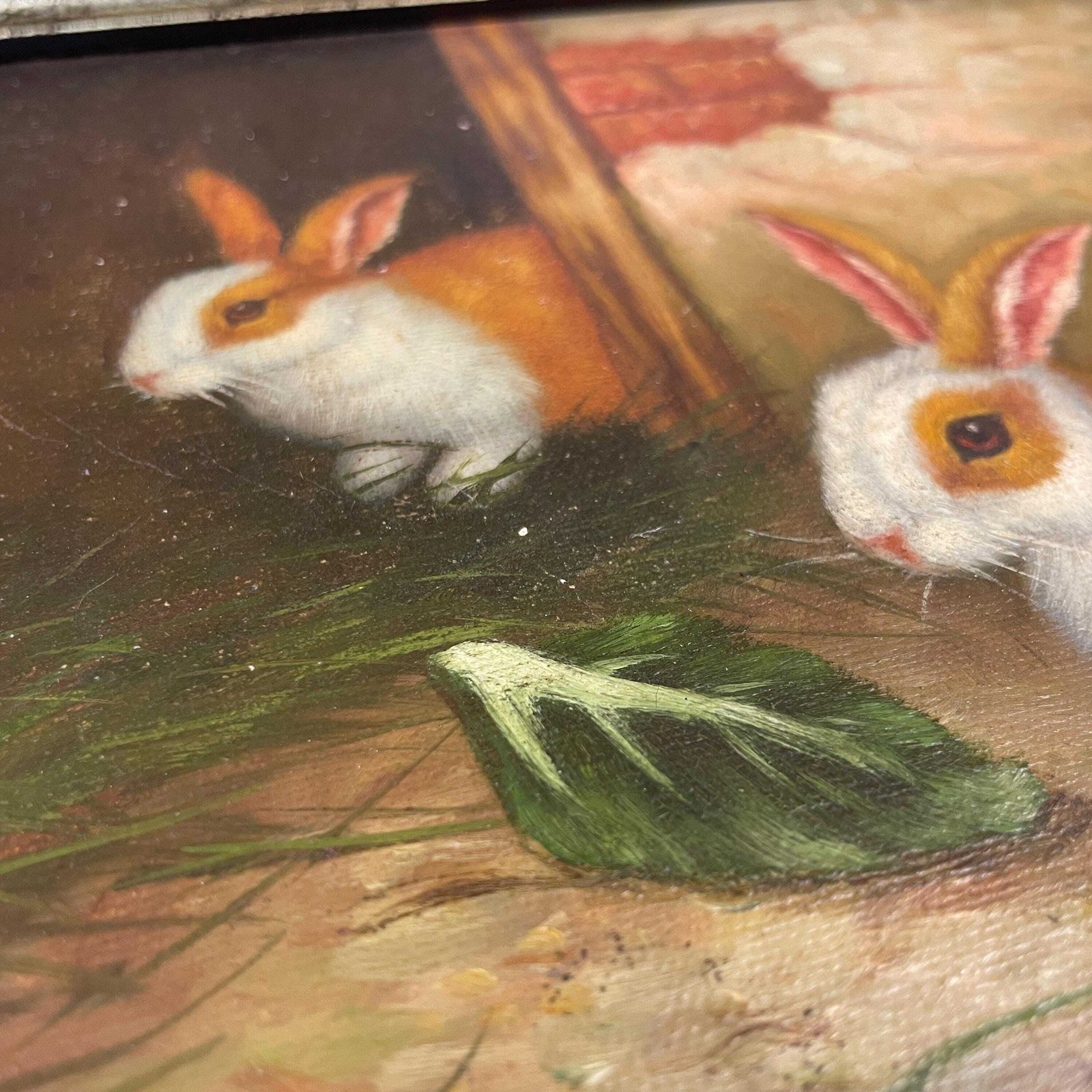 Antique Bunny Rabbit Oil Painting Picture Vintage Wooden Frame Realist By Artist Herring 19th Century photo vintage