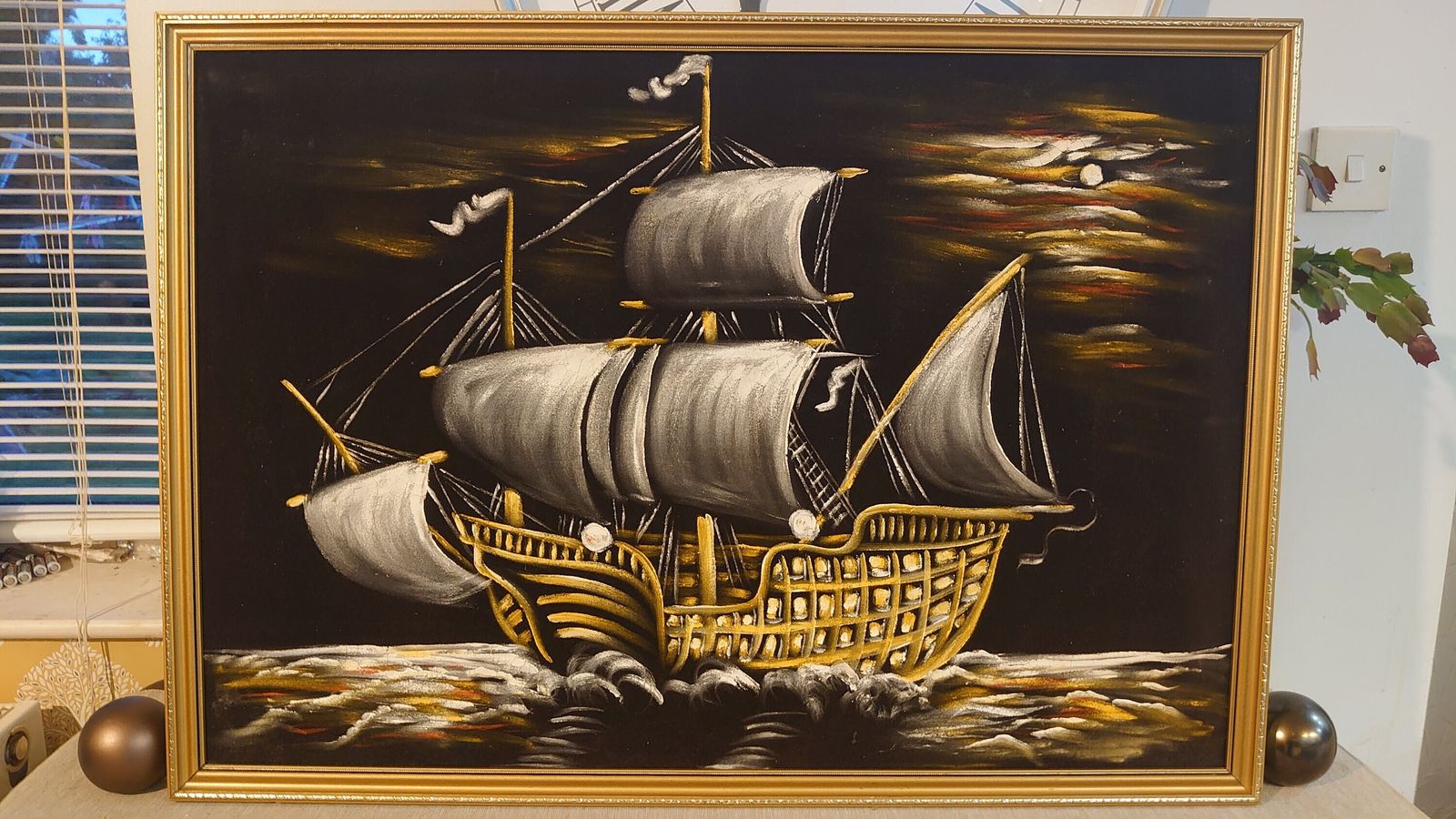 White, Yellow And Orange Oil Painted Carrack Ship On Black Felt   Very Good Condition   Eyecatching Design   94cm X 65cm X 2cm photo furniture