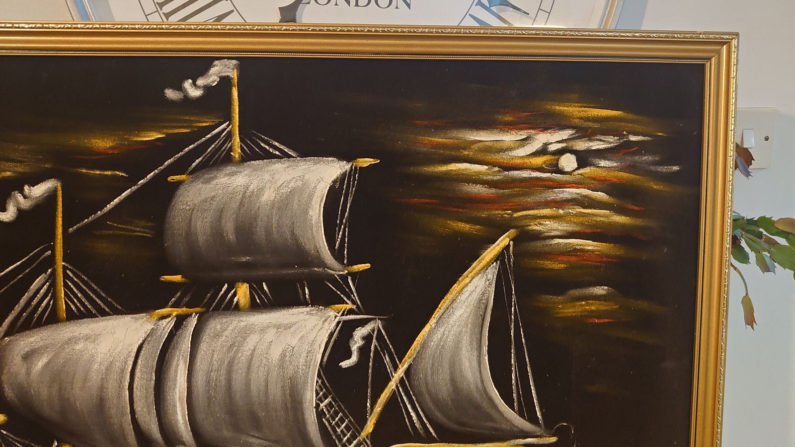 White, Yellow And Orange Oil Painted Carrack Ship On Black Felt   Very Good Condition   Eyecatching Design   94cm X 65cm X 2cm photo vintage