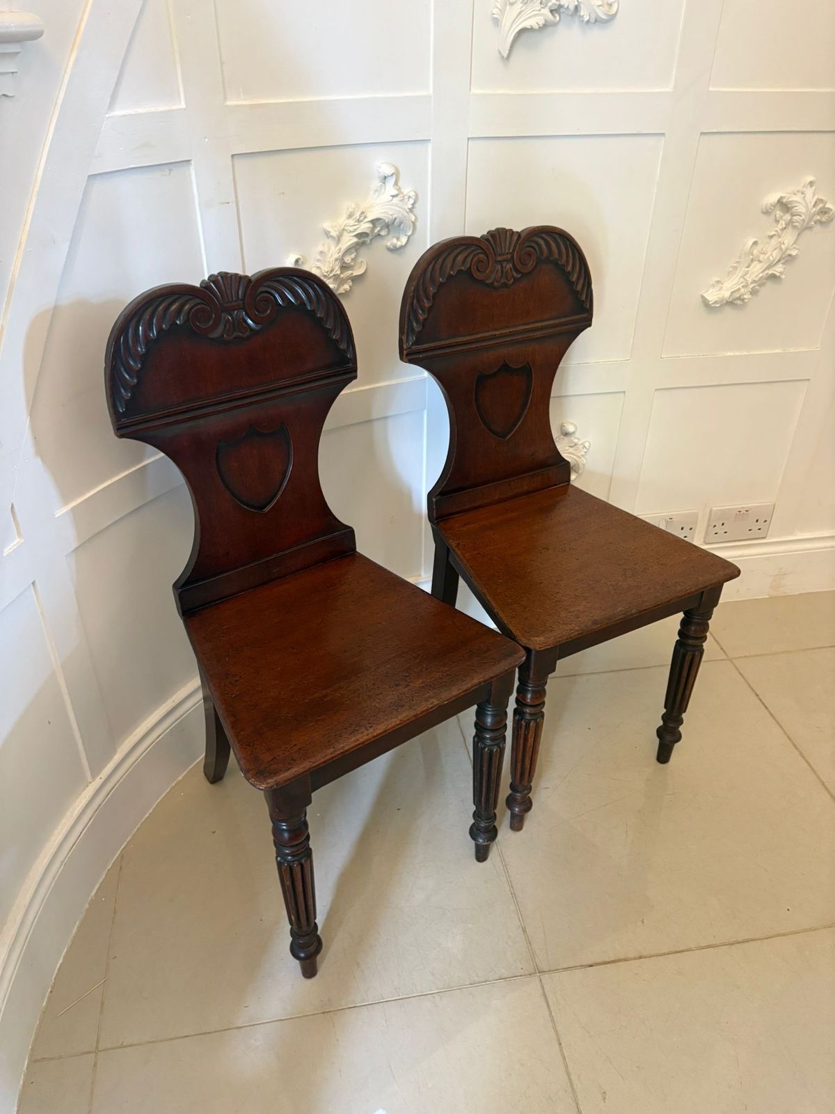 Pair Of Antique 19th Century Quality Carved Mahogany Hall Chairs photo furniture
