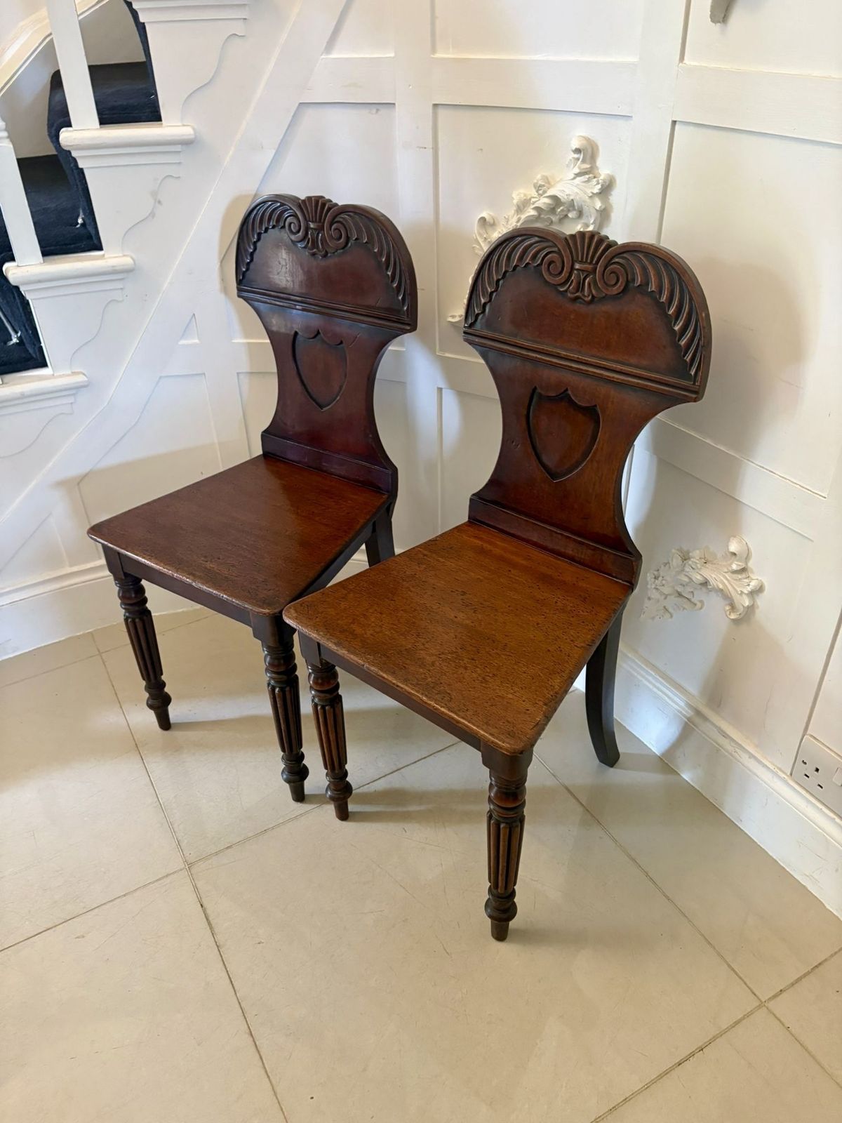 photo for sale Pair Of Antique 19th Century Quality Carved Mahogany Hall Chairs