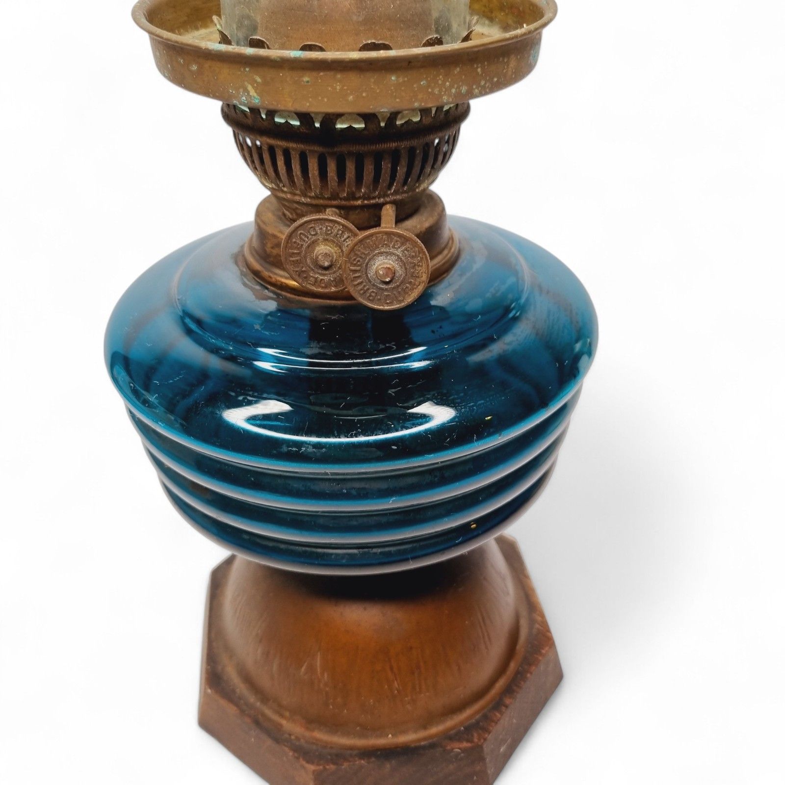 Antique Oil Lamp Blue Glass Brass And Wooden Base Duplex British Cross photo 55.0