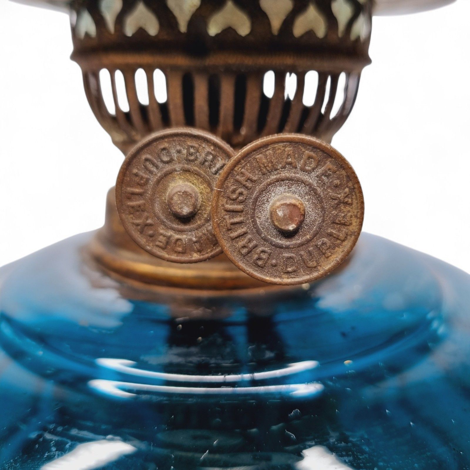 Antique Oil Lamp Blue Glass Brass And Wooden Base Duplex British Cross photo vinterior