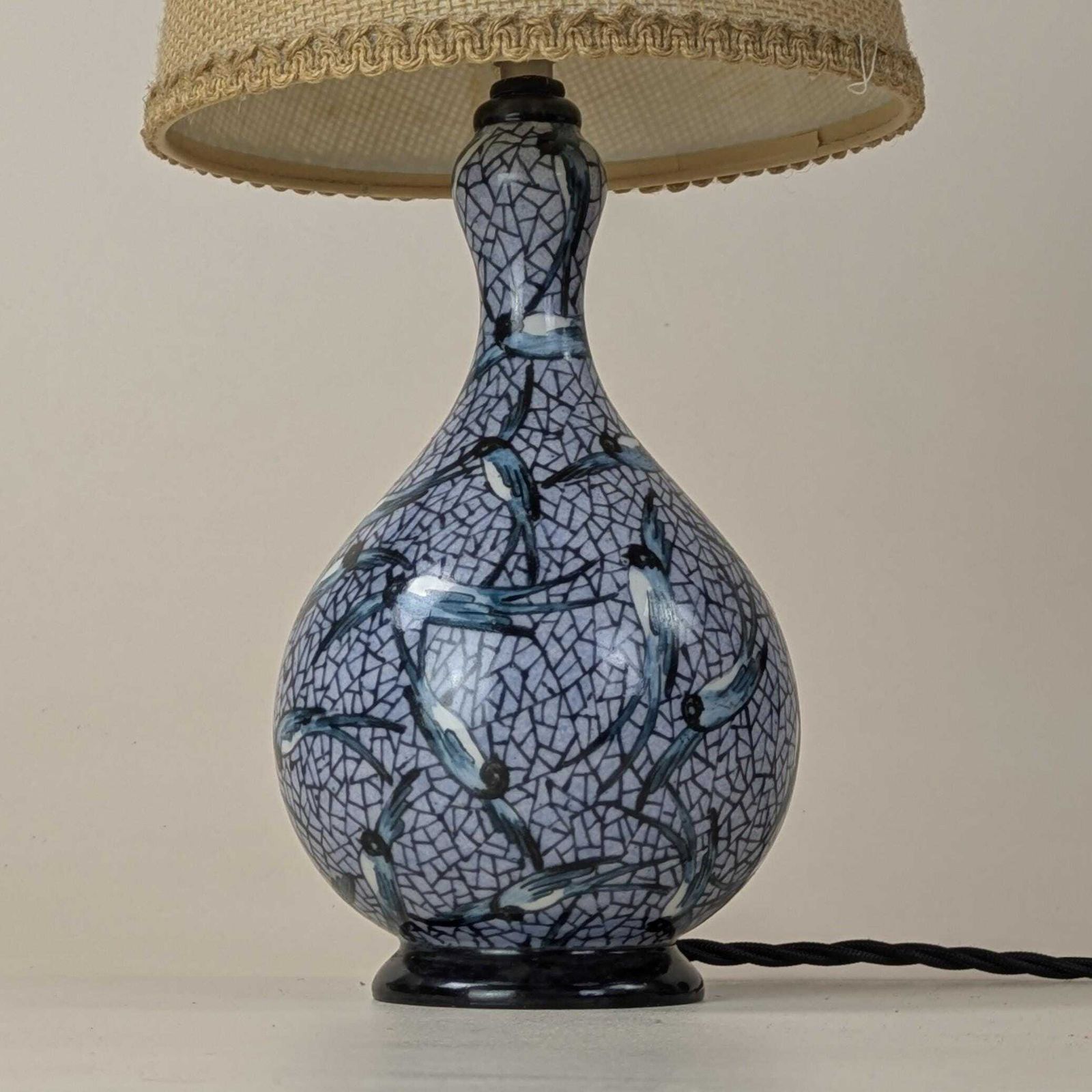French Art Deco Hand Painted Ceramic Gourd Lamp Abstract Swallow Bird Motif Home Decor Accent Lighting Collectible, Original Home Light photo 148.0