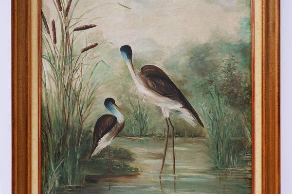French Artist, Birds In Water, 1960s, Large Oil On Canvas, Framed photo furniture