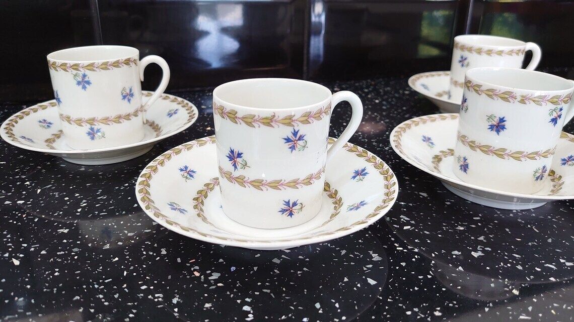 Vintage Austrian Ceramic Demitasse Tea Set   4 Cups And Saucers   Blue Floral Embellishments   Very Good Condition