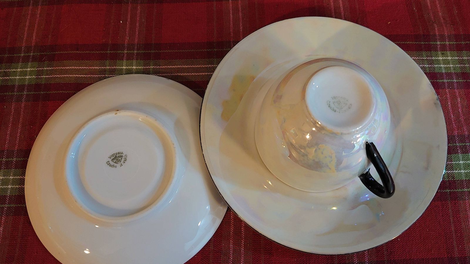photo for sale 6 Pearlescent Tea Cups, Saucers And Sideplates With A Sugar Bowl & Creamer   Very Good To Excellent Condition   Czech Slovak Ceramic