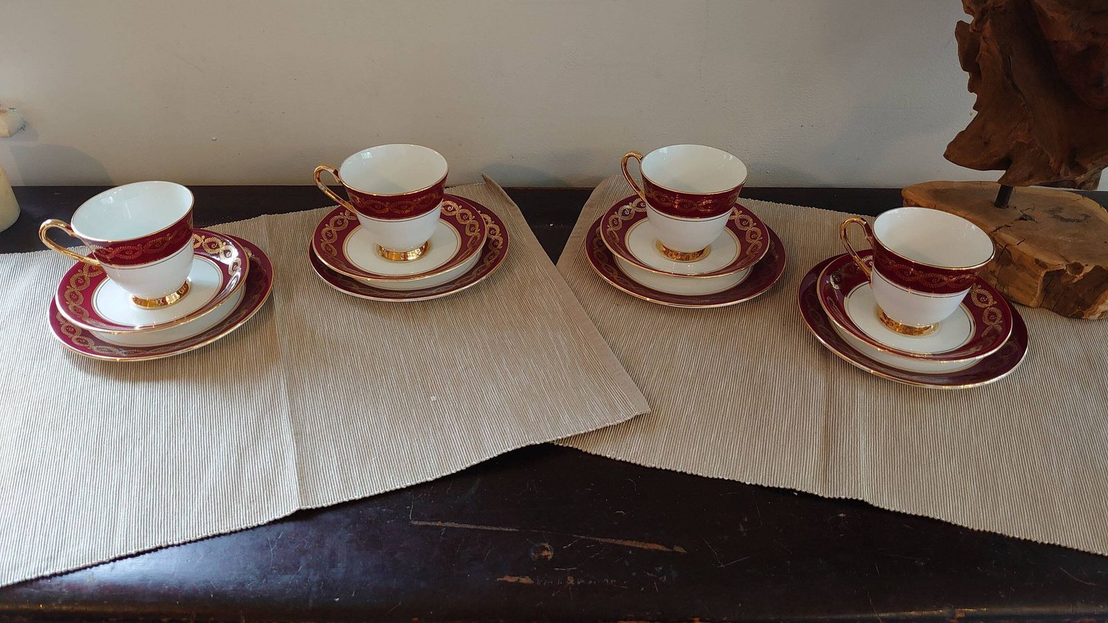 Set Of Four Windsor Bone China Cups, Saucers And Side Plates, Red And Gold Banding   Christmas Theme   Very Good Condition photo furniture