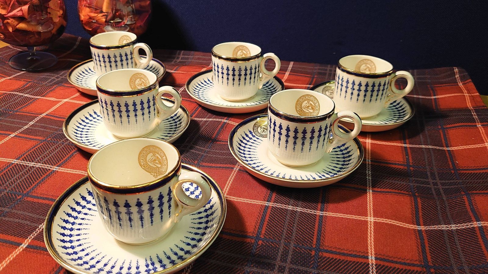 6 Mappin And Webb Demitasse Cups And Saucers   Blue, White And Gold   "The Jockey Club"   Very Good To Excellent Condition photo for sale