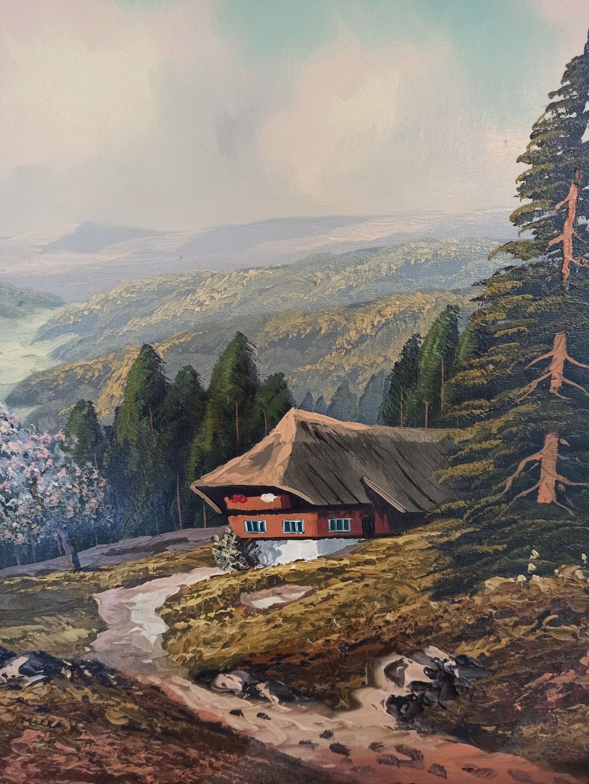 Vintage Alpine Mountains Countryside Scene   Framed Canvas Painting. Good Condition. Very Scenic. Very Large. 98cm X 58cm X 4cm. photo Art