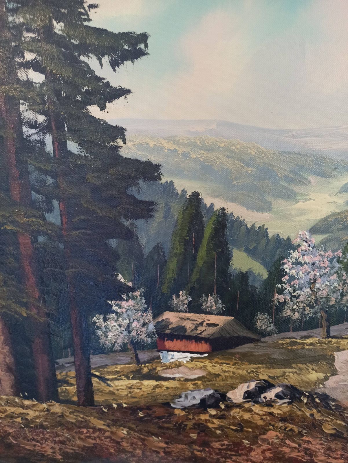 Vintage Alpine Mountains Countryside Scene   Framed Canvas Painting. Good Condition. Very Scenic. Very Large. 98cm X 58cm X 4cm. photo 103.0