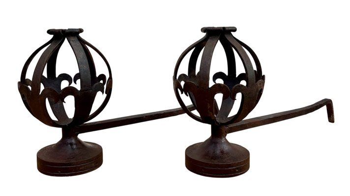Mid Century Modernist Spanish Wrought Iron Couple Andirons, 1950s, Set Of 2