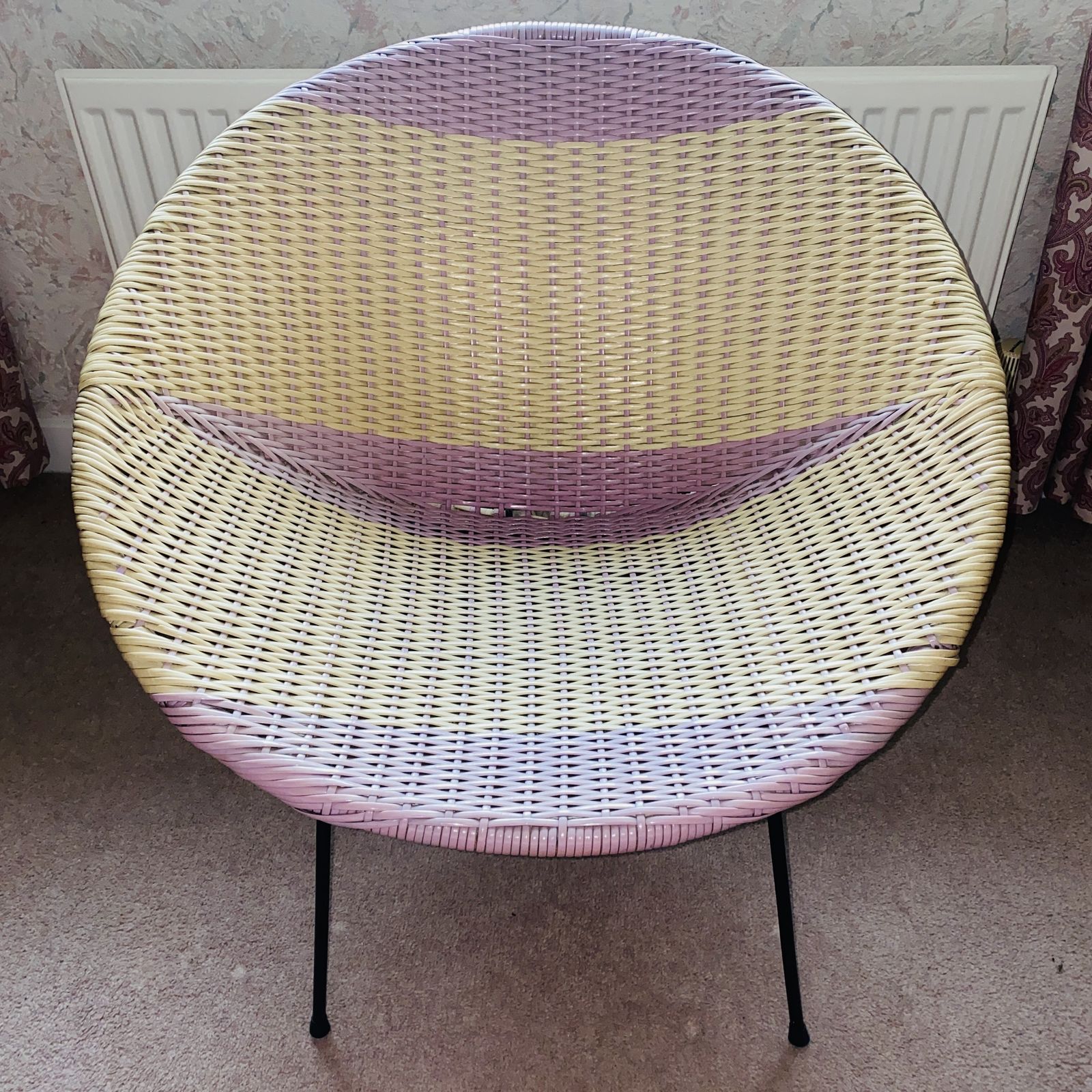 1950's Rattan Woven Two Tone Cocktail Chair In The Style Of Dirk Van Sliedregt   Lilac & Lemon photo for sale