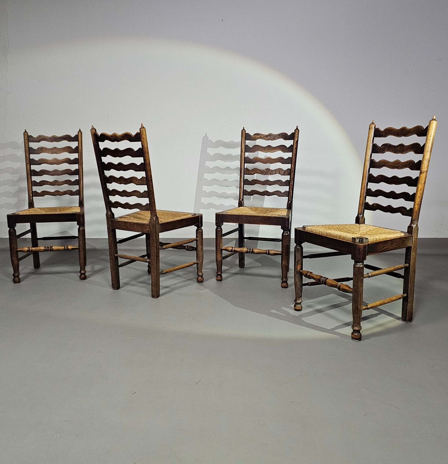 Set Of 4 Oak, Rustic, Farmhouse, Ladderback Dining Chairs With Rush Seats 1960s