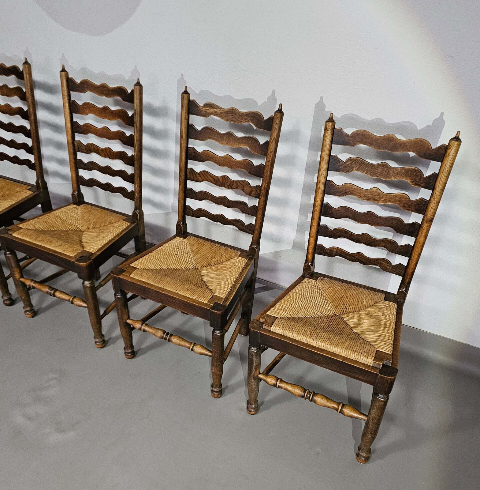 Set Of 4 Oak, Rustic, Farmhouse, Ladderback Dining Chairs With Rush Seats 1960s photo for sale