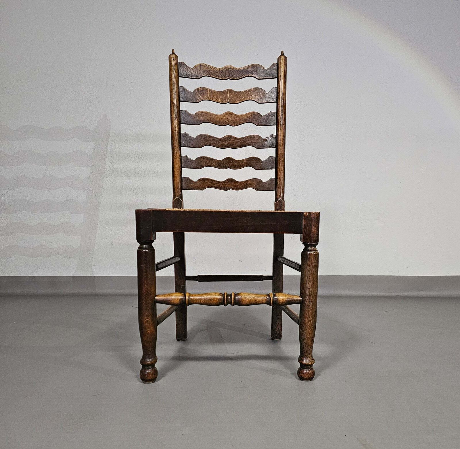 photo for sale Set Of 4 Oak, Rustic, Farmhouse, Ladderback Dining Chairs With Rush Seats 1960s