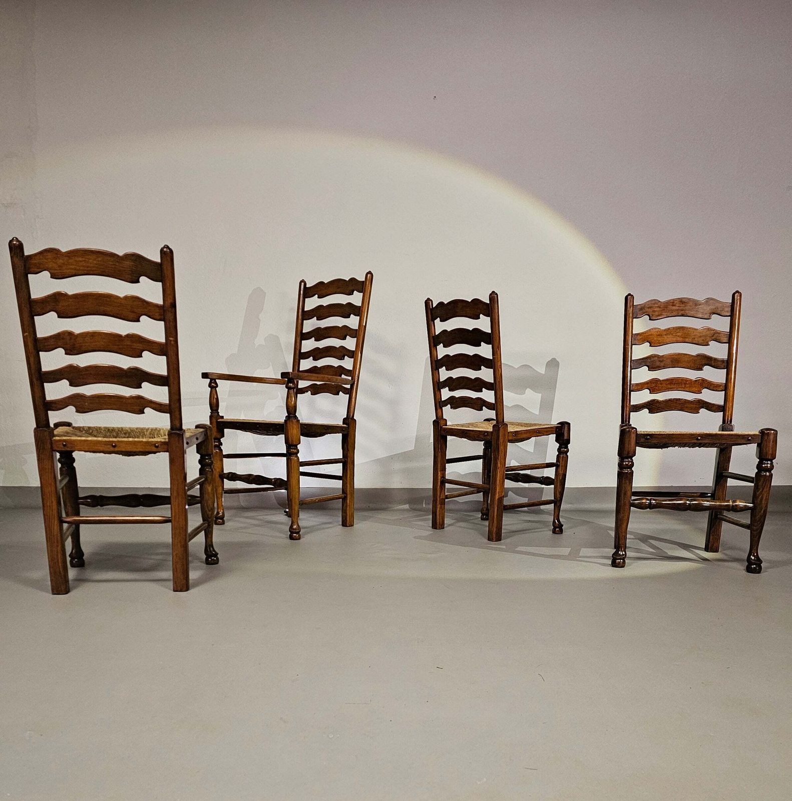 Set Of 4 Oak, Rustic, Farmhouse, Ladderback Dining Chairs With Rush Seats 1960s