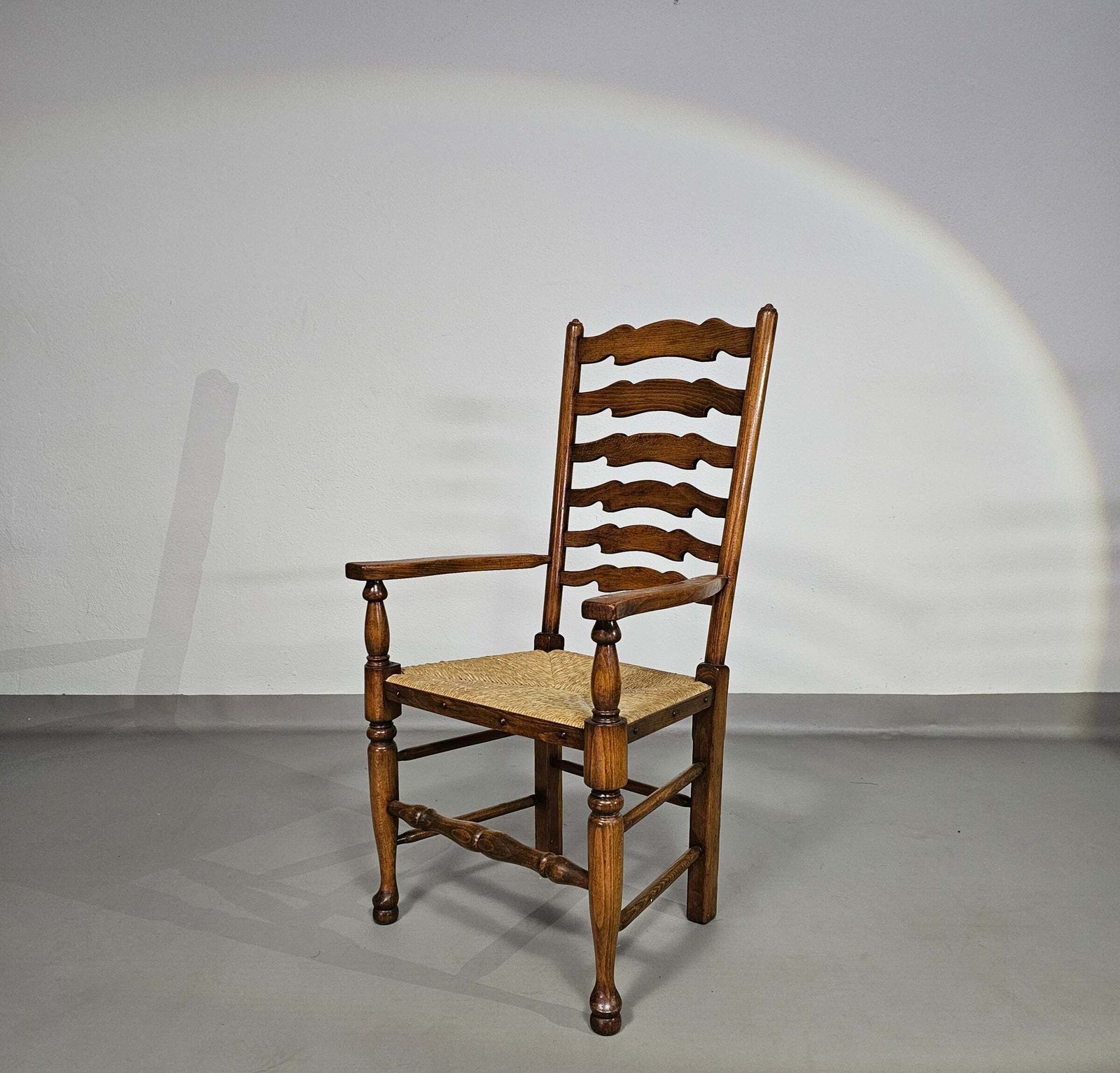 Set Of 4 Oak, Rustic, Farmhouse, Ladderback Dining Chairs With Rush Seats 1960s photo Furniture