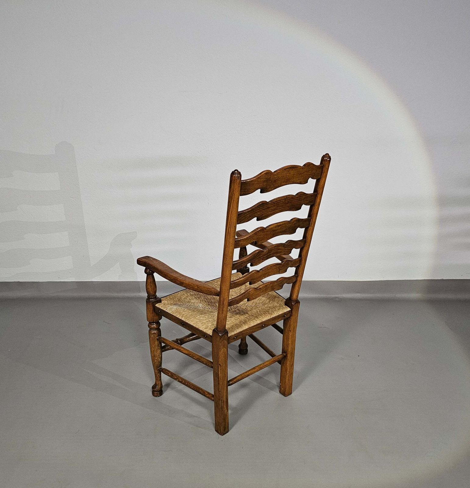 photo furniture Set Of 4 Oak, Rustic, Farmhouse, Ladderback Dining Chairs With Rush Seats 1960s