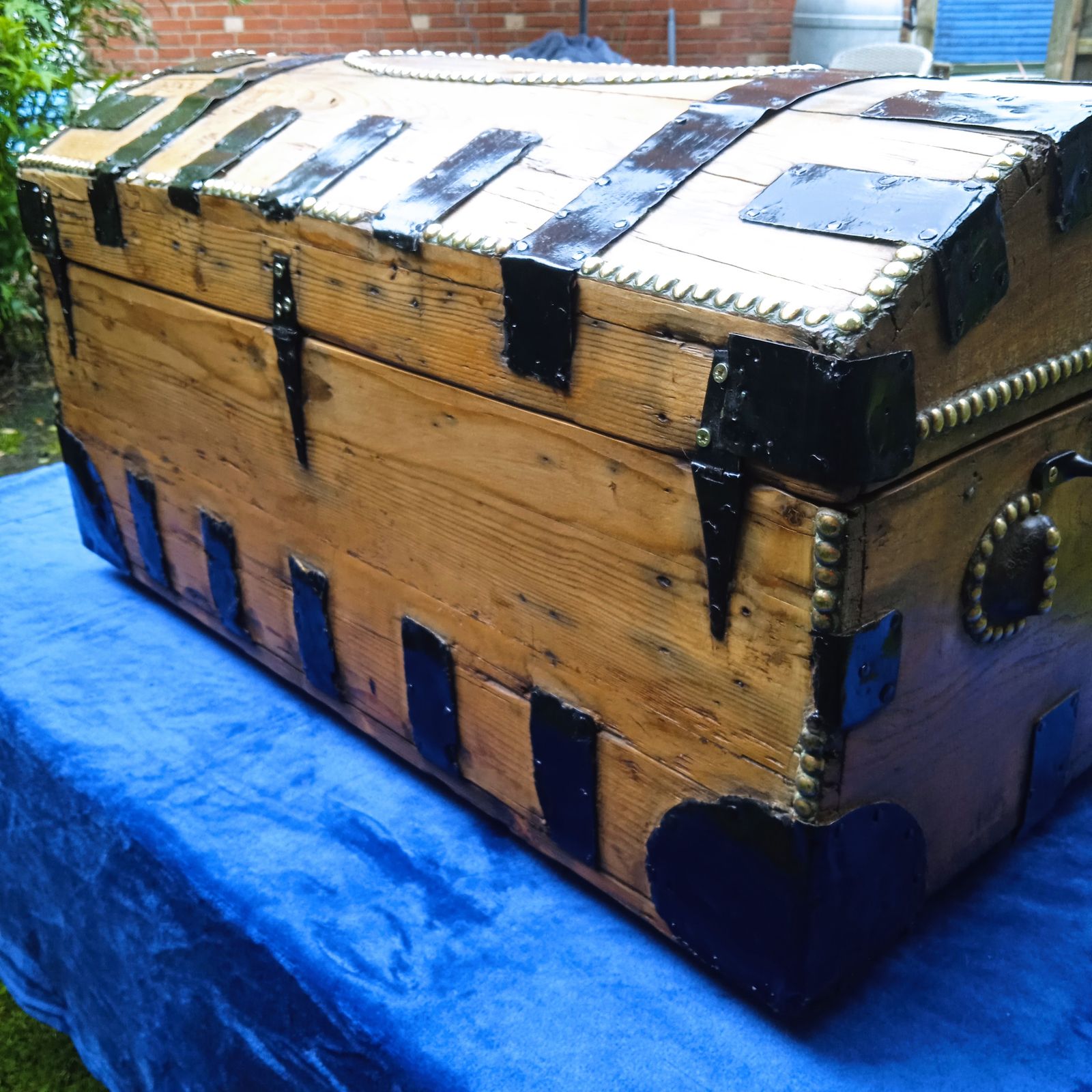 Antique Oak And Pine Metal Bound Brass Studded Dome Trunk. photo buy