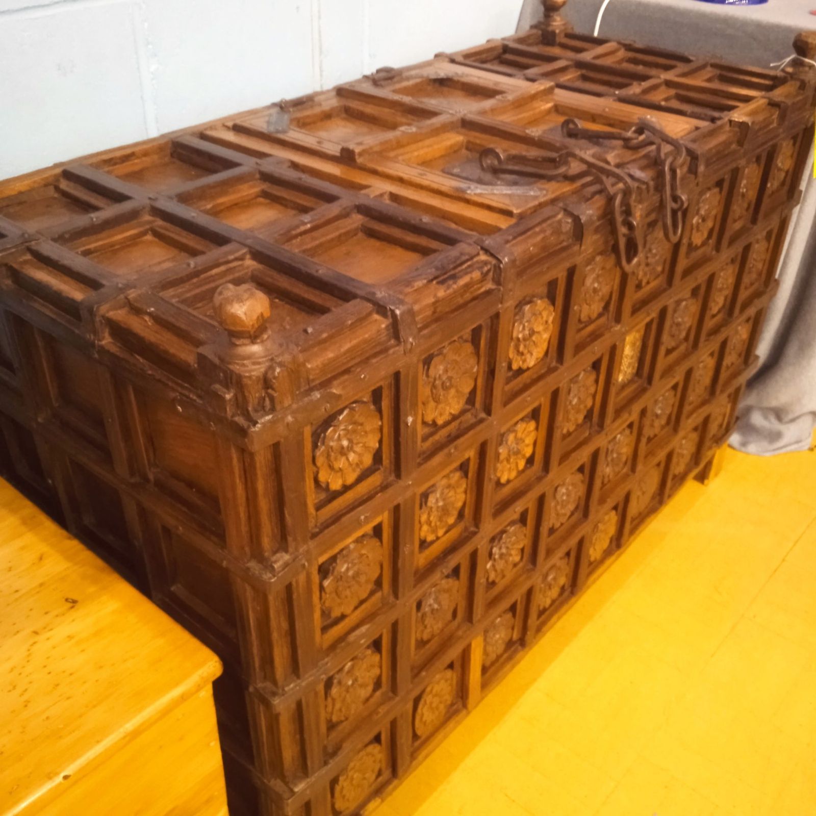 Early/Mid 19th Century Indian Hardwood Carved Panel Dowry Chest With Flower Metal Bound And Nailed Detail. photo Furniture