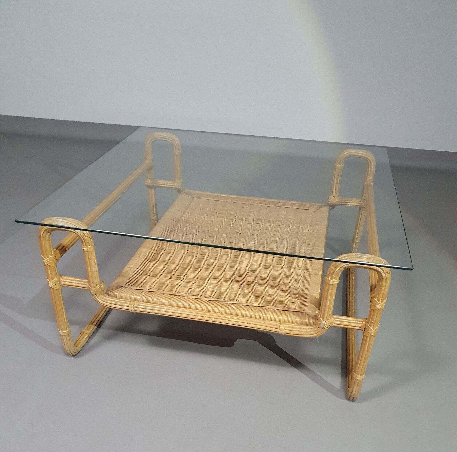 Mid Century Coffee Table. Iron Frame / Pencil Reed / Split Reed / Rattan 75 X 75 X 40 Cm